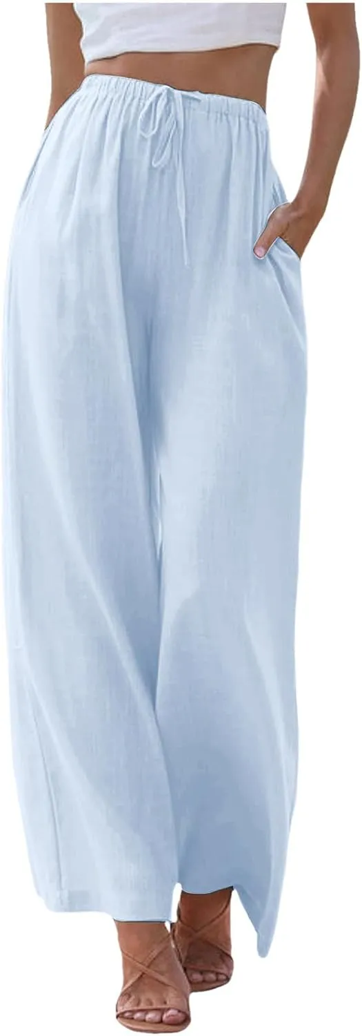 Womens Linen Palazzo Pants Summer Drawstring Elastic Waist Beach Pants Lightweight Relax Fit Wide Leg Trousers Pockets