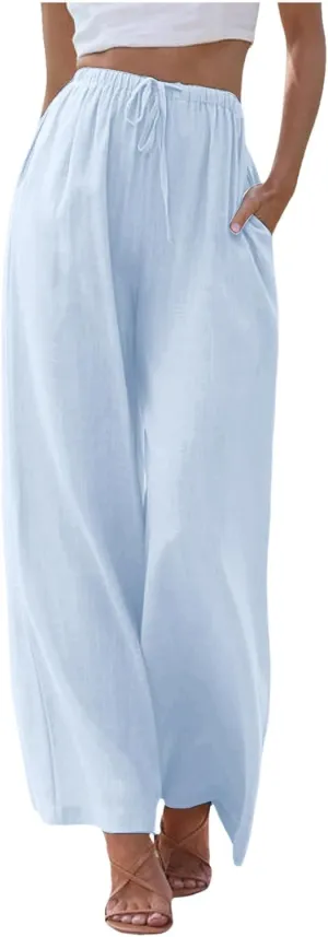 Womens Linen Palazzo Pants Summer Drawstring Elastic Waist Beach Pants Lightweight Relax Fit Wide Leg Trousers Pockets