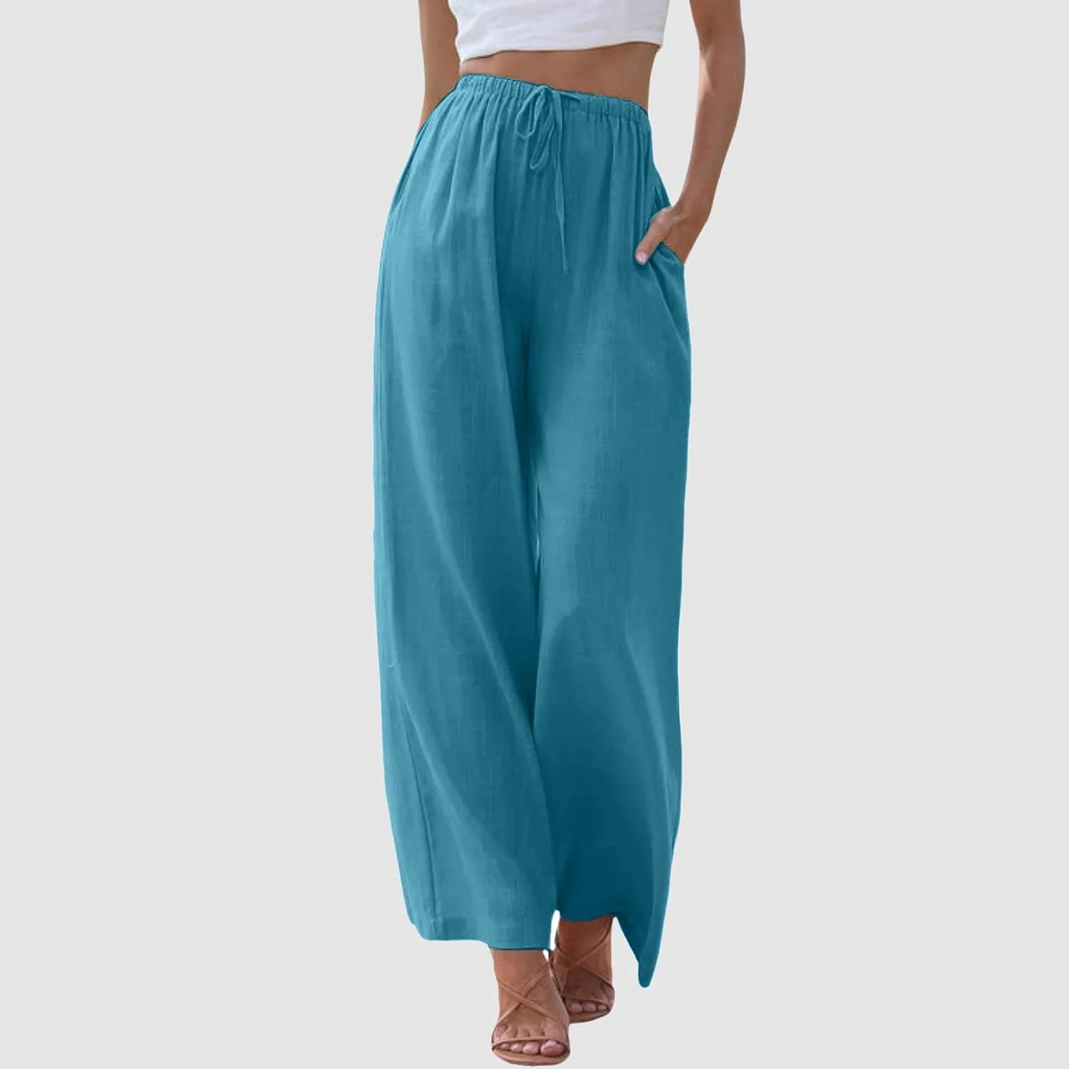 Womens Linen Palazzo Pants Summer Drawstring Elastic Waist Beach Pants Lightweight Relax Fit Wide Leg Trousers Pockets