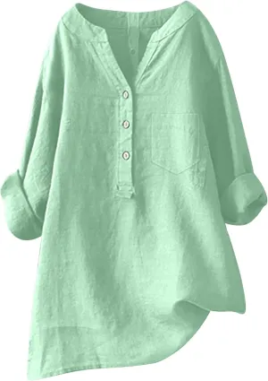 Womens Linen Shirts V-Neck Button Blouses Solid Color Henley Tee Top Short Sleeve Loose Fit T-Shirt