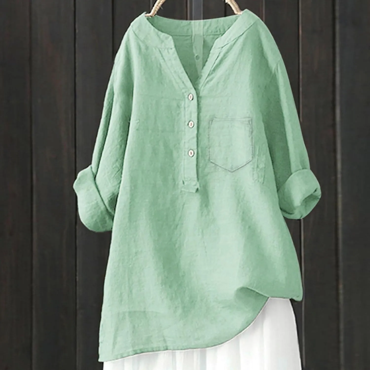 Womens Linen Shirts V-Neck Button Blouses Solid Color Henley Tee Top Short Sleeve Loose Fit T-Shirt