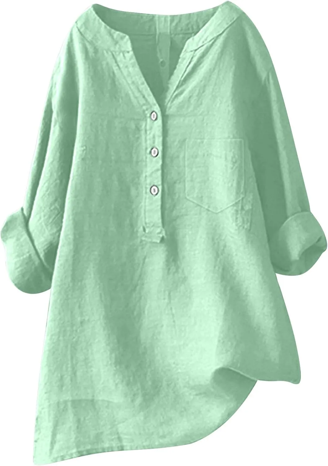 Womens Linen Shirts V-Neck Button Blouses Solid Color Henley Tee Top Short Sleeve Loose Fit T-Shirt