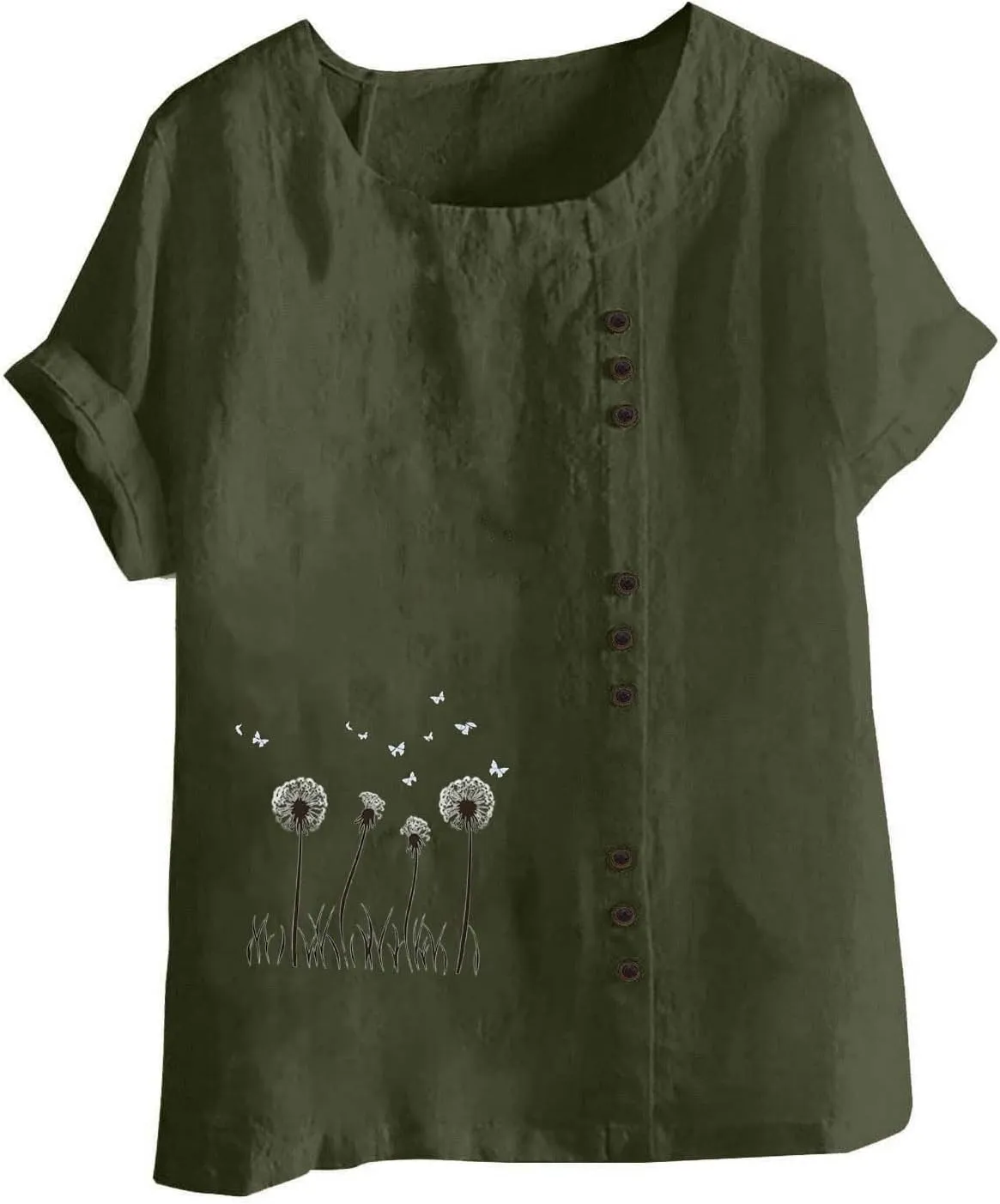 Womens Linen Tops Boho Floral Summer Casual Shirts Short Sleeve Crew Neck Loose Fit Comfy Cotton Tshirt for Women