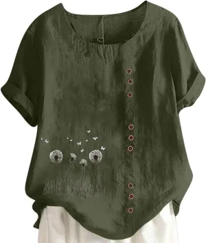 Womens Linen Tops Boho Floral Summer Casual Shirts Short Sleeve Crew Neck Loose Fit Comfy Cotton Tshirt for Women