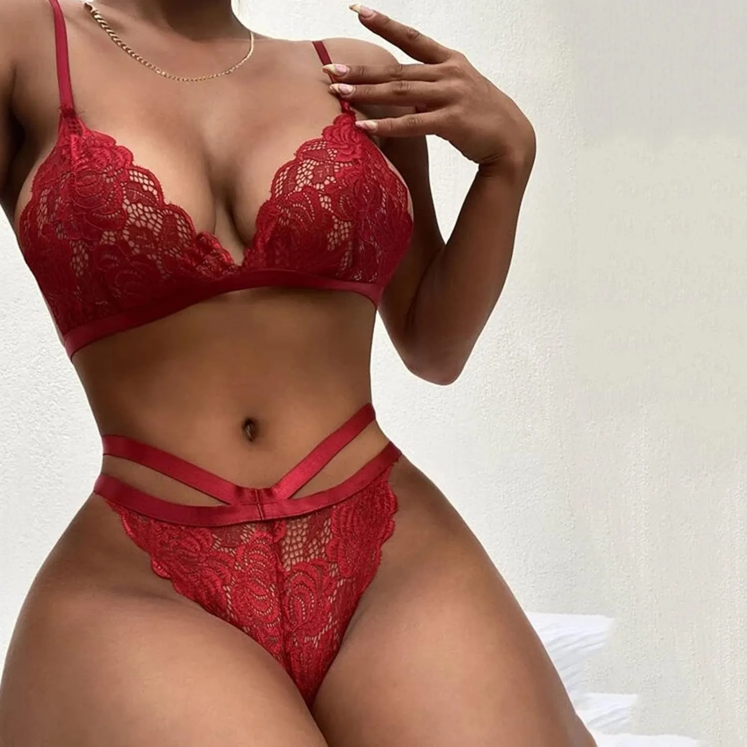 Womens Lingerie 2 Piece Lace Bralette Babydoll Sexy V Neck Bra and Panty Sets Teddy Bodysuit Sleepwear Nightwear