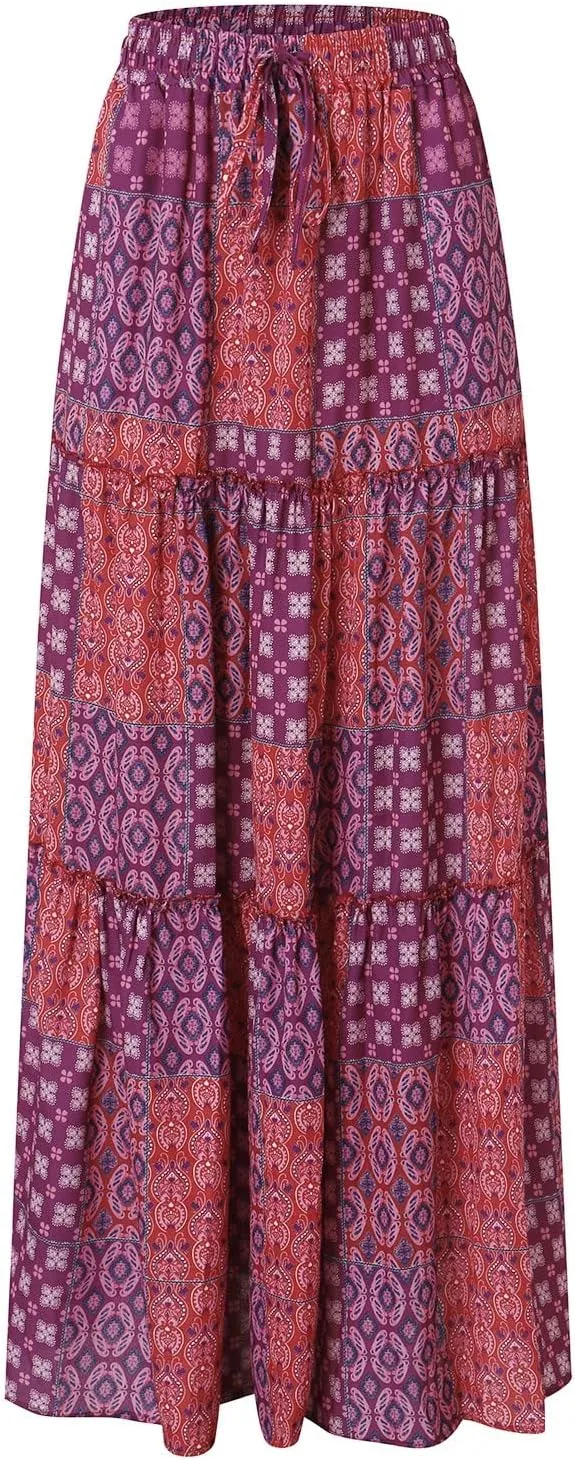 Womens Loose Long Boho Flowers High Elastic Waist with Pockets and Belt Maxi Skirt Pleated Jean Skirt for (Purple, L)