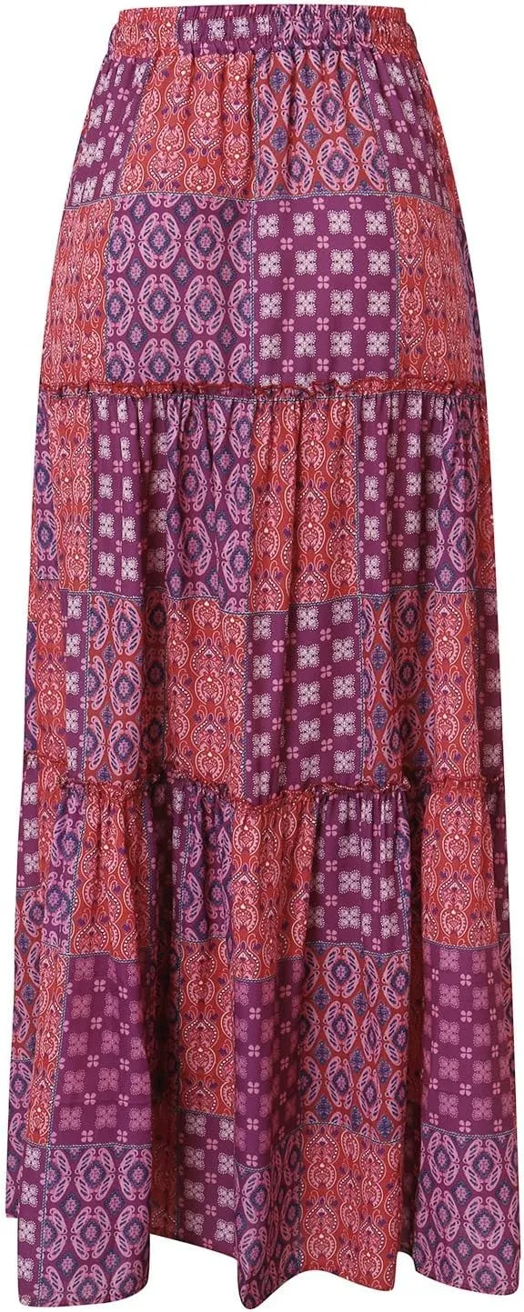 Womens Loose Long Boho Flowers High Elastic Waist with Pockets and Belt Maxi Skirt Pleated Jean Skirt for (Purple, L)