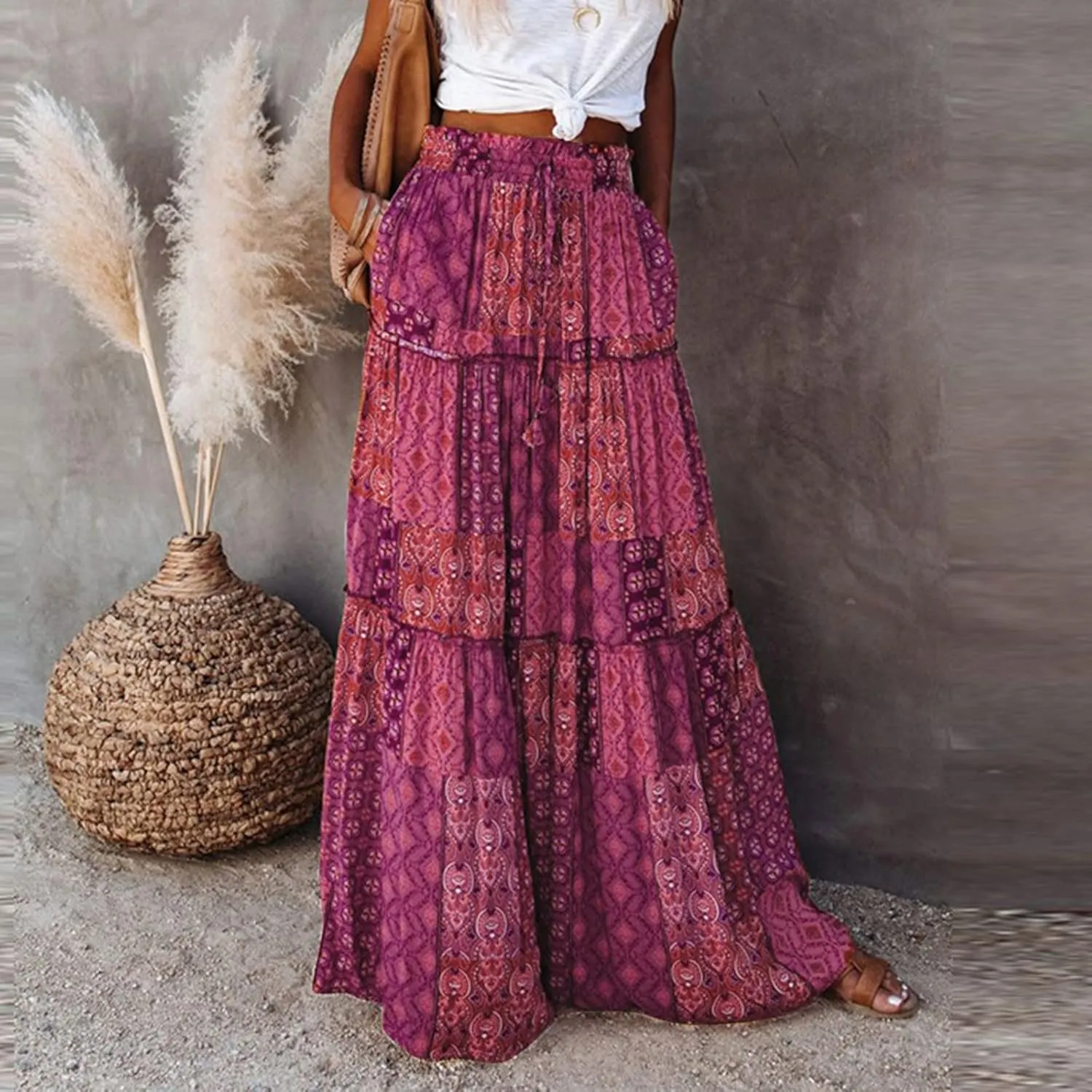 Womens Loose Long Boho Flowers High Elastic Waist with Pockets and Belt Maxi Skirt Pleated Jean Skirt for (Purple, L)