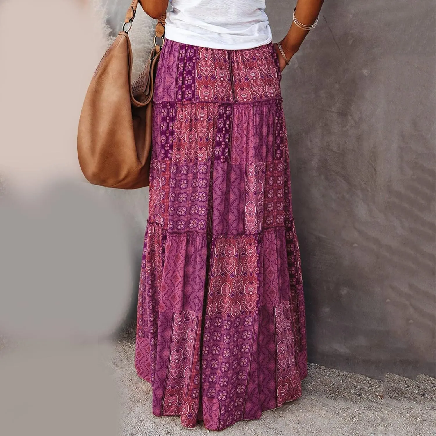 Womens Loose Long Boho Flowers High Elastic Waist with Pockets and Belt Maxi Skirt Pleated Jean Skirt for (Purple, L)