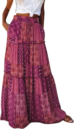 Womens Loose Long Boho Flowers High Elastic Waist with Pockets and Belt Maxi Skirt Pleated Jean Skirt for (Purple, L)