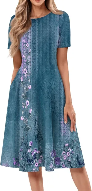 Women's Midi Dresses Summer Casual Loose Trendy Short Sleeve Crew Neck Floral Print Boho Dress 2025 Plus Size, S-3XL