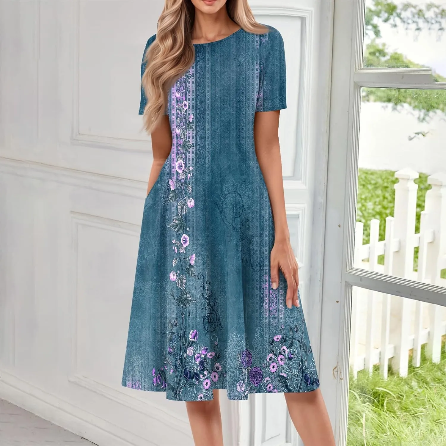 Women's Midi Dresses Summer Casual Loose Trendy Short Sleeve Crew Neck Floral Print Boho Dress 2025 Plus Size, S-3XL