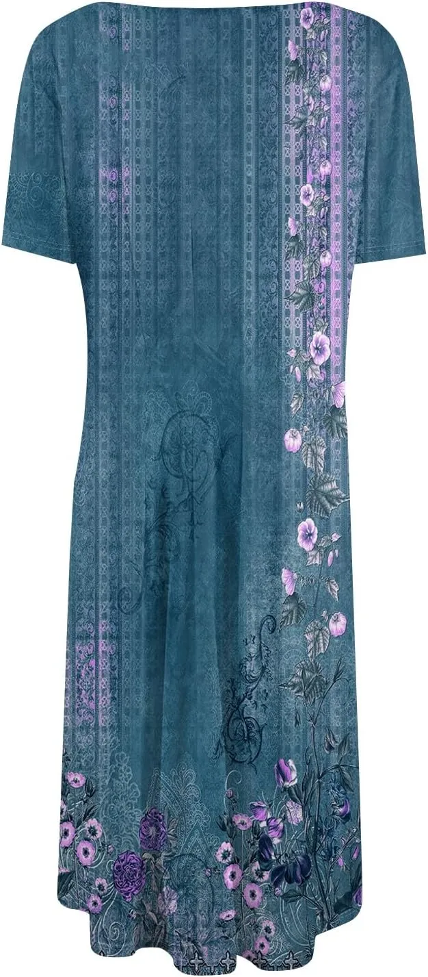 Women's Midi Dresses Summer Casual Loose Trendy Short Sleeve Crew Neck Floral Print Boho Dress 2025 Plus Size, S-3XL