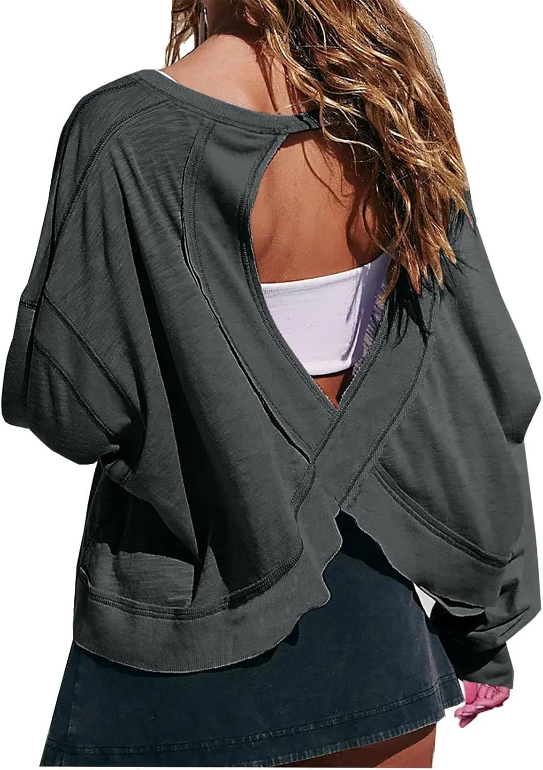 Womens Open Back Workout Tops Sexy Backless Long Sleeve Athletic Shirt Running Crop Top Gym Yoga Tee