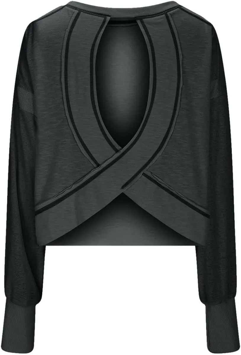 Womens Open Back Workout Tops Sexy Backless Long Sleeve Athletic Shirt Running Crop Top Gym Yoga Tee