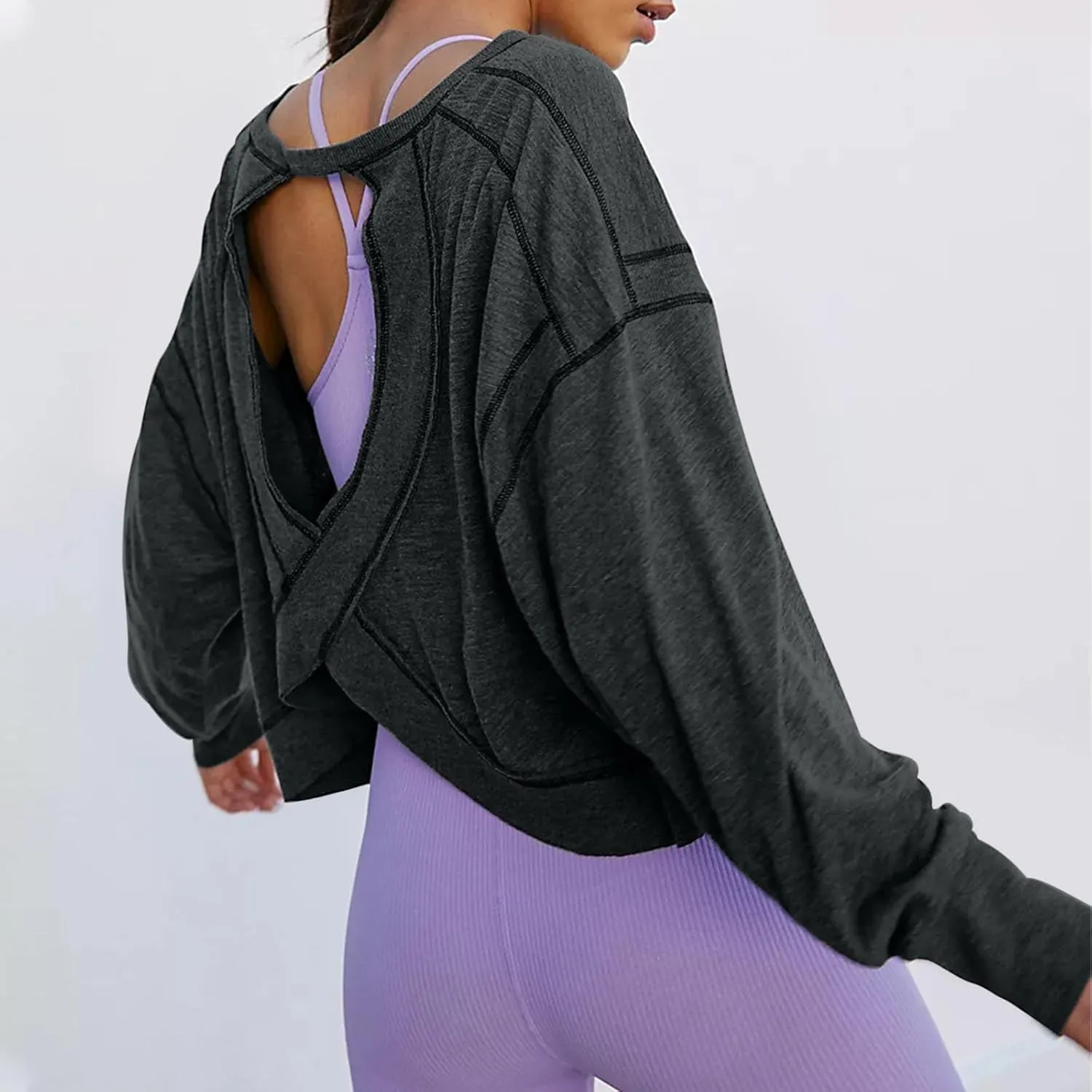 Womens Open Back Workout Tops Sexy Backless Long Sleeve Athletic Shirt Running Crop Top Gym Yoga Tee