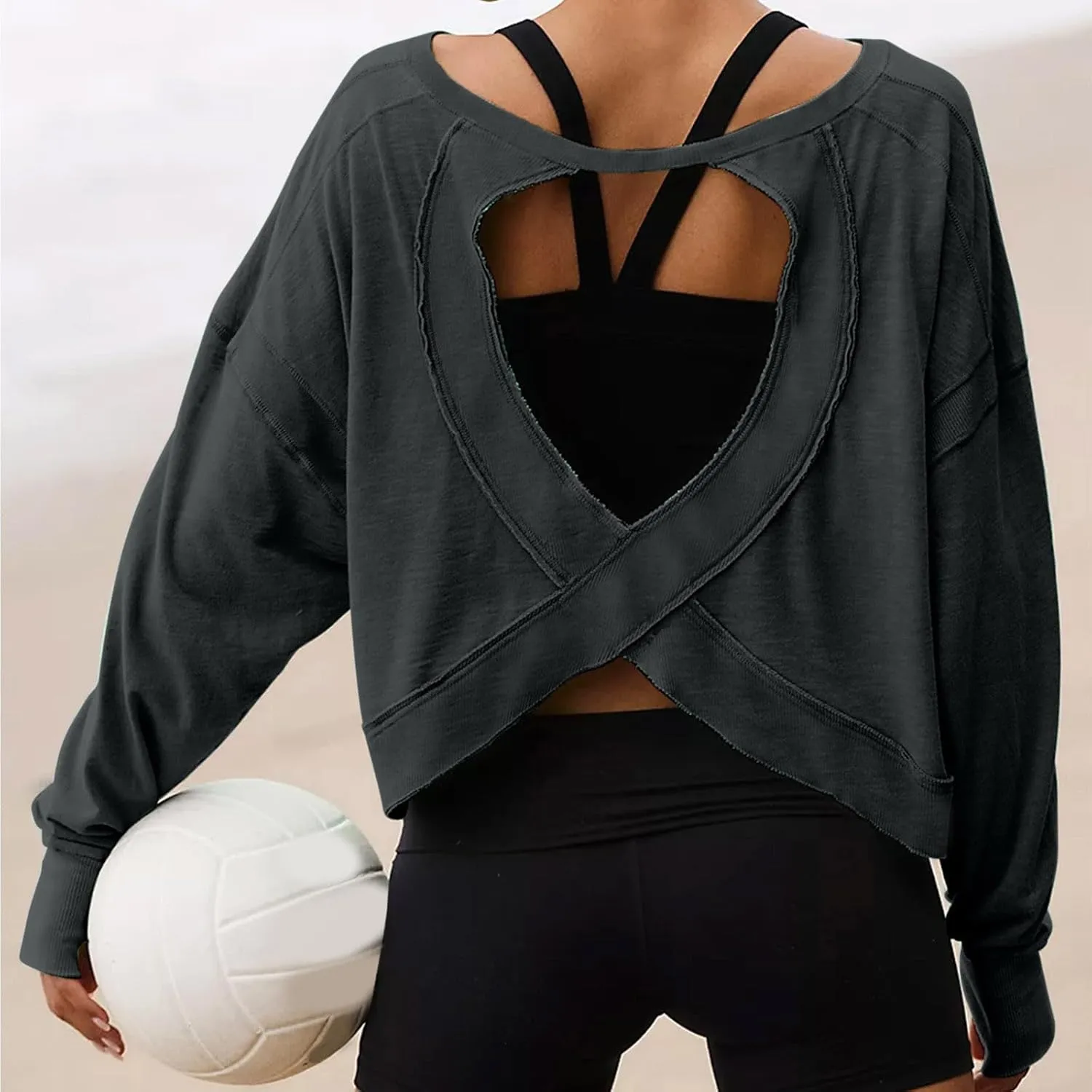 Womens Open Back Workout Tops Sexy Backless Long Sleeve Athletic Shirt Running Crop Top Gym Yoga Tee