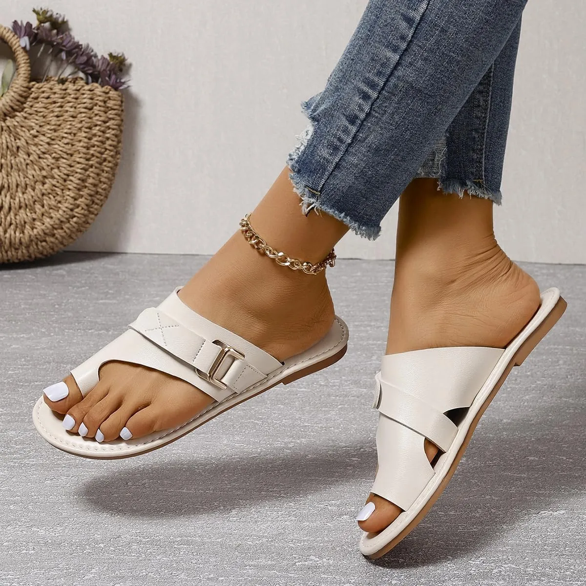 Women's Orthopedic Bunion Correction Leather Sandals Flip Flops Toe Ring Slip On Slide Flat Dressy Loop Strap on Slippers Ankle,Criss Cross Slingback Comfort Gladiator Sandals