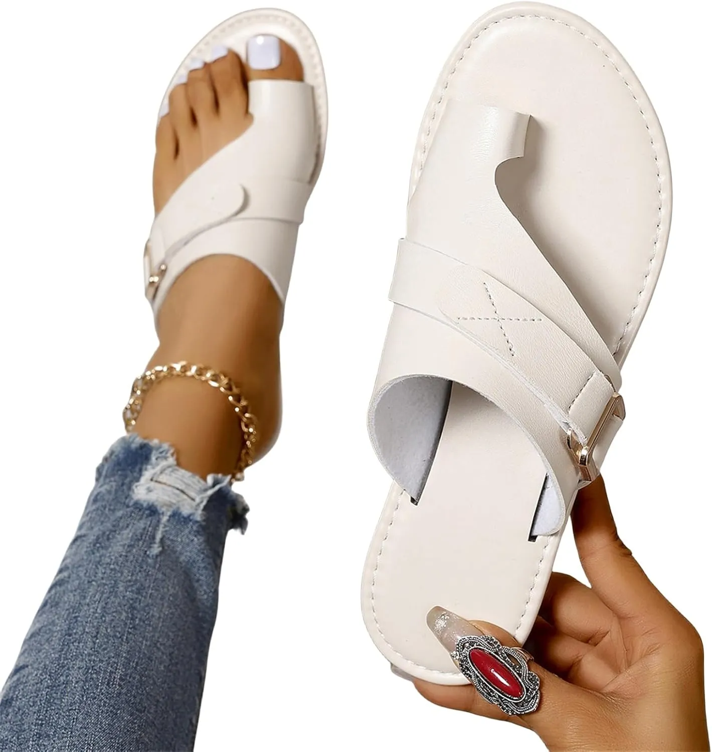 Women's Orthopedic Bunion Correction Leather Sandals Flip Flops Toe Ring Slip On Slide Flat Dressy Loop Strap on Slippers Ankle,Criss Cross Slingback Comfort Gladiator Sandals