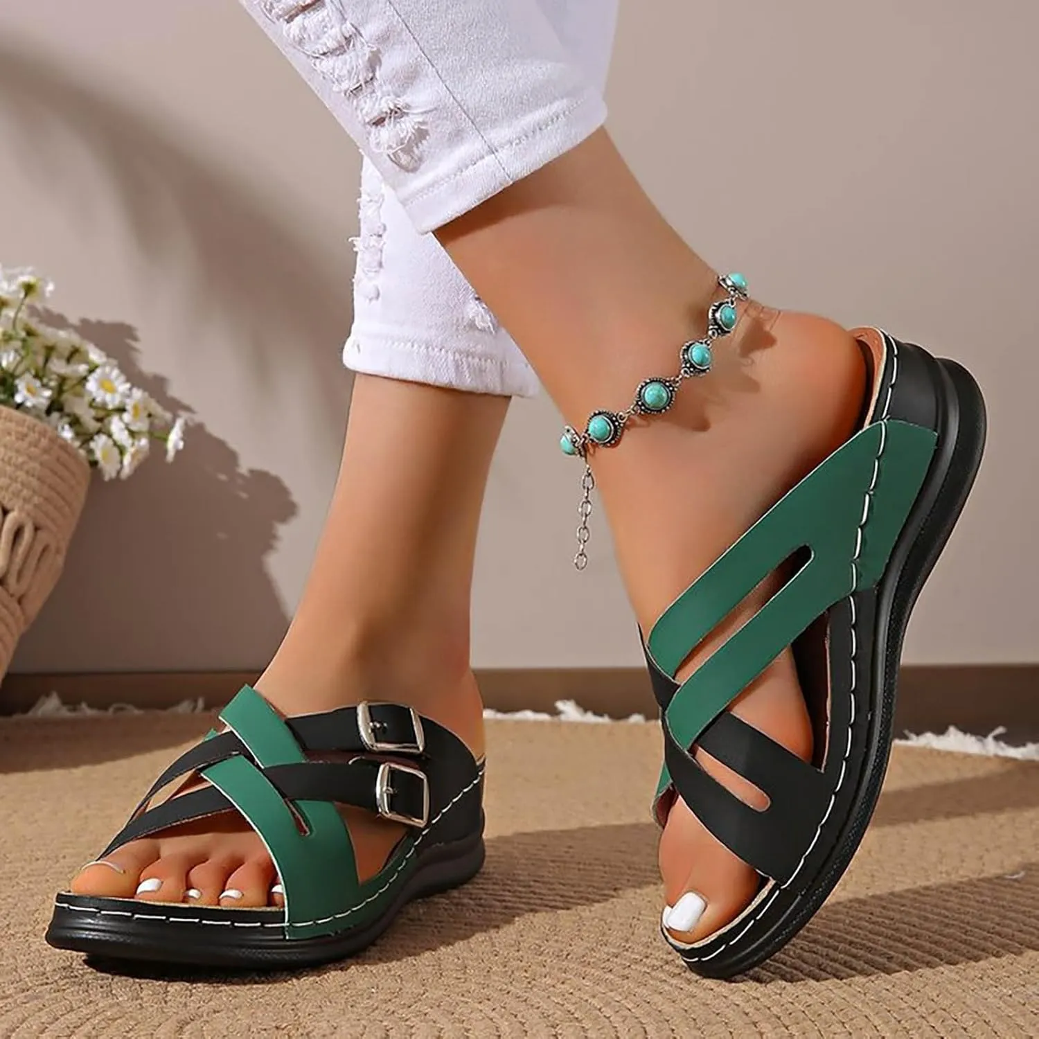 Womens Orthopedic Sandals Cross Strap Platform Wedges Summer Arch Support Orthopedic Slippers Walking Shoes Comfortable Open Toe Slip on Beach Sandals