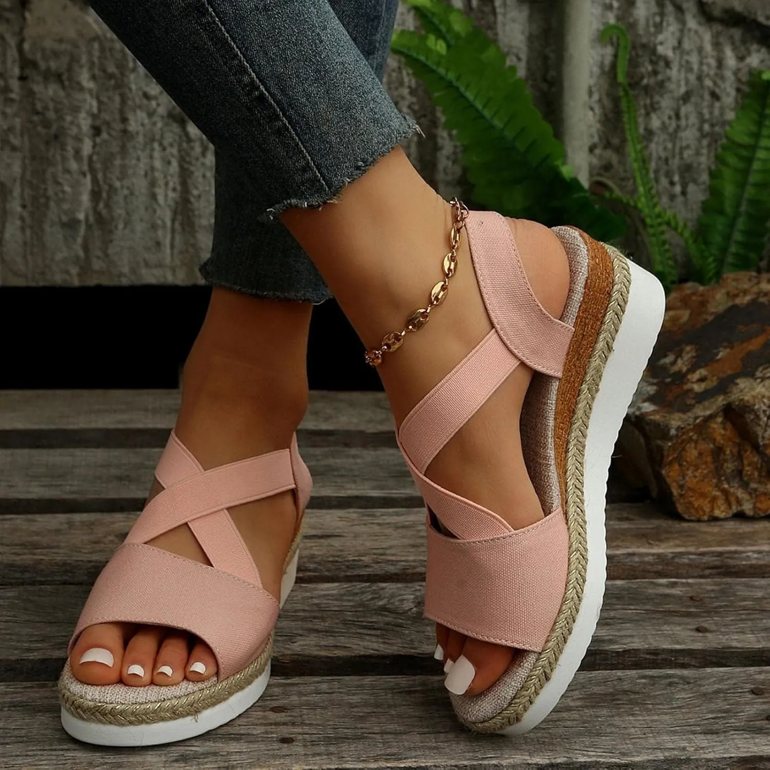 Womens Orthopedic Sandals Wedge Sandals for Women Summer Open Toe Cross Strap Espadrilles Wedges, Comfortable Ankle Strap Slip on Platform Sandal Beach Boho Outdoor Walking Shoes