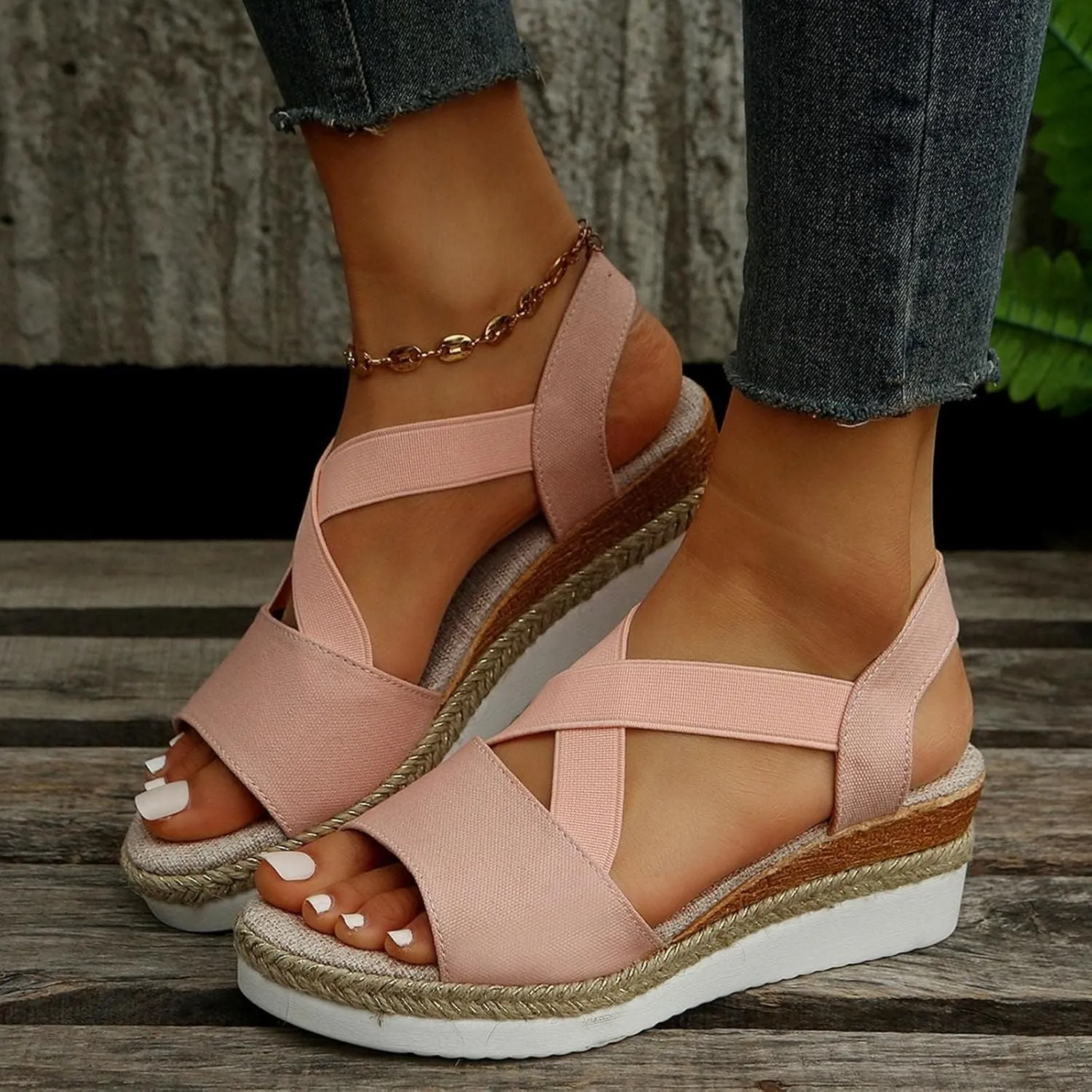 Womens Orthopedic Sandals Wedge Sandals for Women Summer Open Toe Cross Strap Espadrilles Wedges, Comfortable Ankle Strap Slip on Platform Sandal Beach Boho Outdoor Walking Shoes