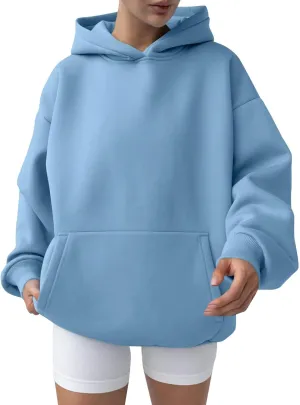 Womens Oversized Hoodie Fall Fashion 2024 Ribbed Cuffs Crewneck Sweatshirt Drop Shoulder Long Sleeve Tops With Pocket