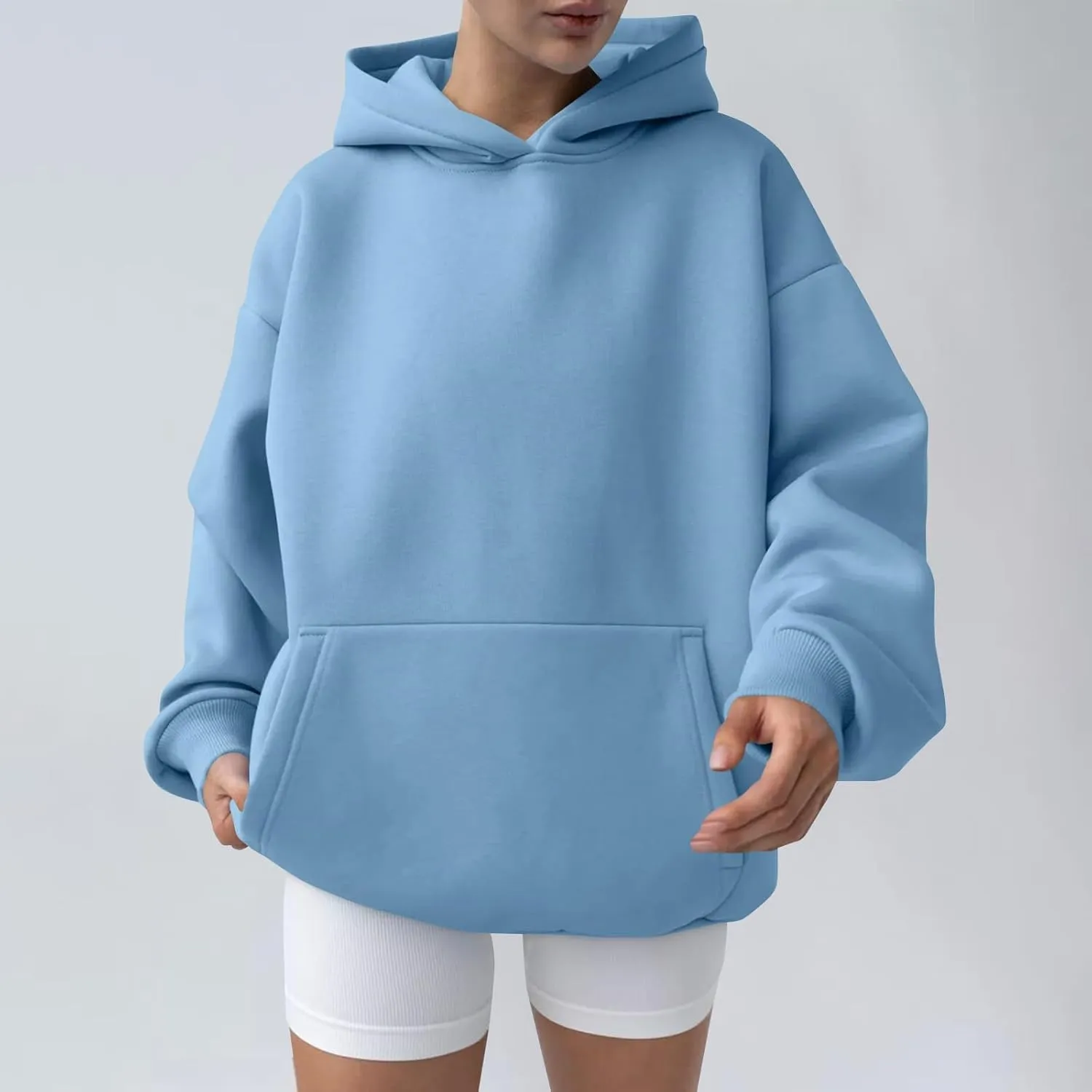 Womens Oversized Hoodie Fall Fashion 2024 Ribbed Cuffs Crewneck Sweatshirt Drop Shoulder Long Sleeve Tops With Pocket