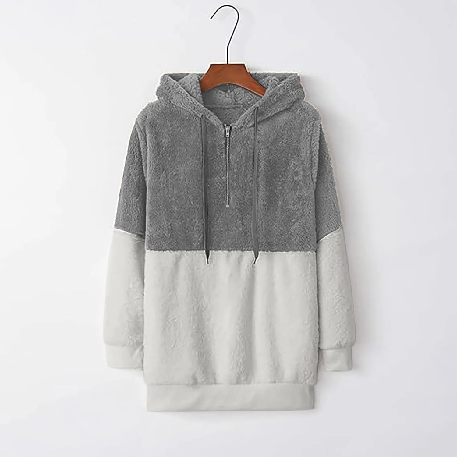 Womens Oversized Hoodies Jacket Sherpa Hooded Sweatshirts Fuzzy Fleece Patchwork Drawstring Pullover Fluffy Outerwear
