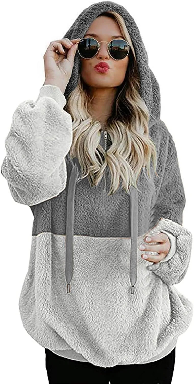 Womens Oversized Hoodies Jacket Sherpa Hooded Sweatshirts Fuzzy Fleece Patchwork Drawstring Pullover Fluffy Outerwear