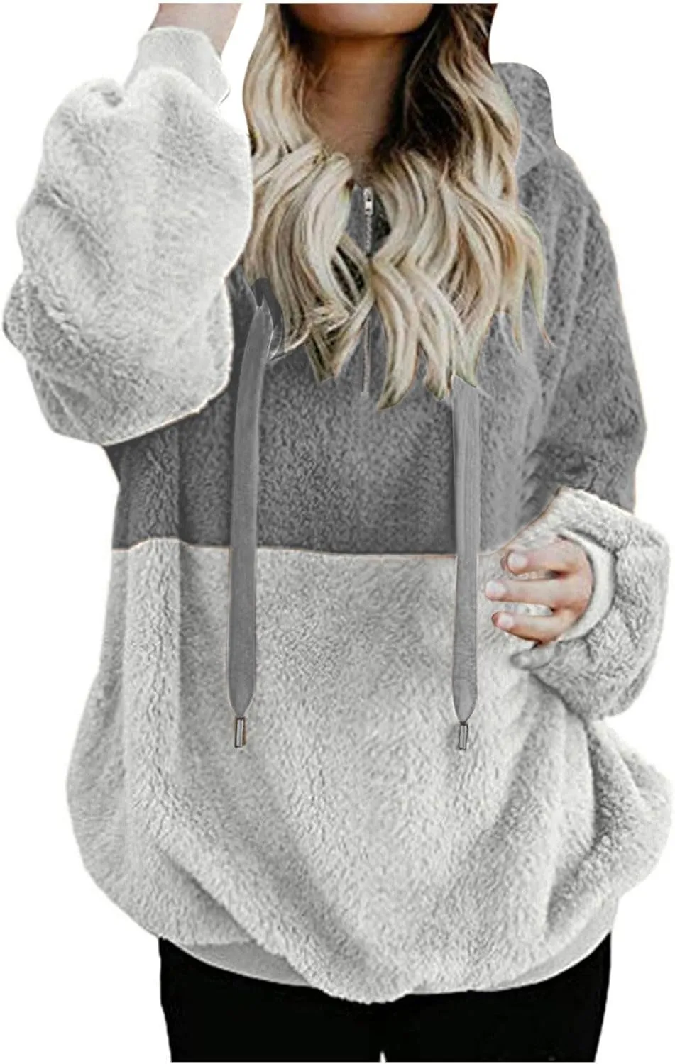 Womens Oversized Hoodies Jacket Sherpa Hooded Sweatshirts Fuzzy Fleece Patchwork Drawstring Pullover Fluffy Outerwear