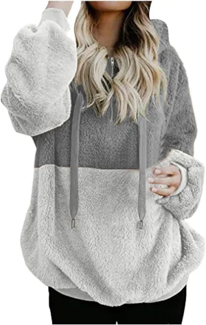 Womens Oversized Hoodies Jacket Sherpa Hooded Sweatshirts Fuzzy Fleece Patchwork Drawstring Pullover Fluffy Outerwear