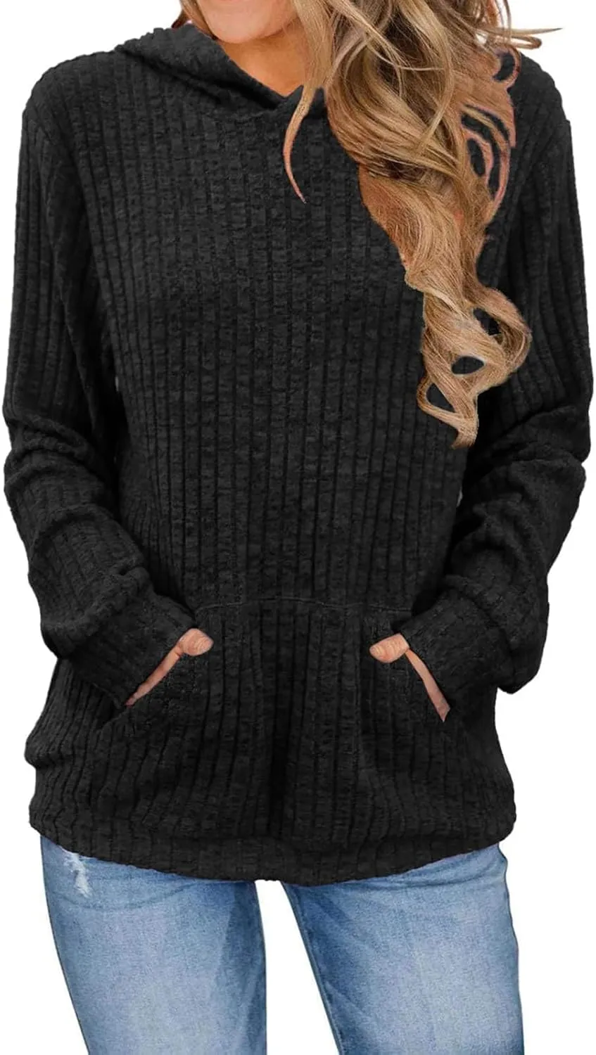 Womens Oversized Hoodies Long Sleeve Solid Color Shirts Loose Fit Waffle Knit Pullover Sweatshirts Tops
