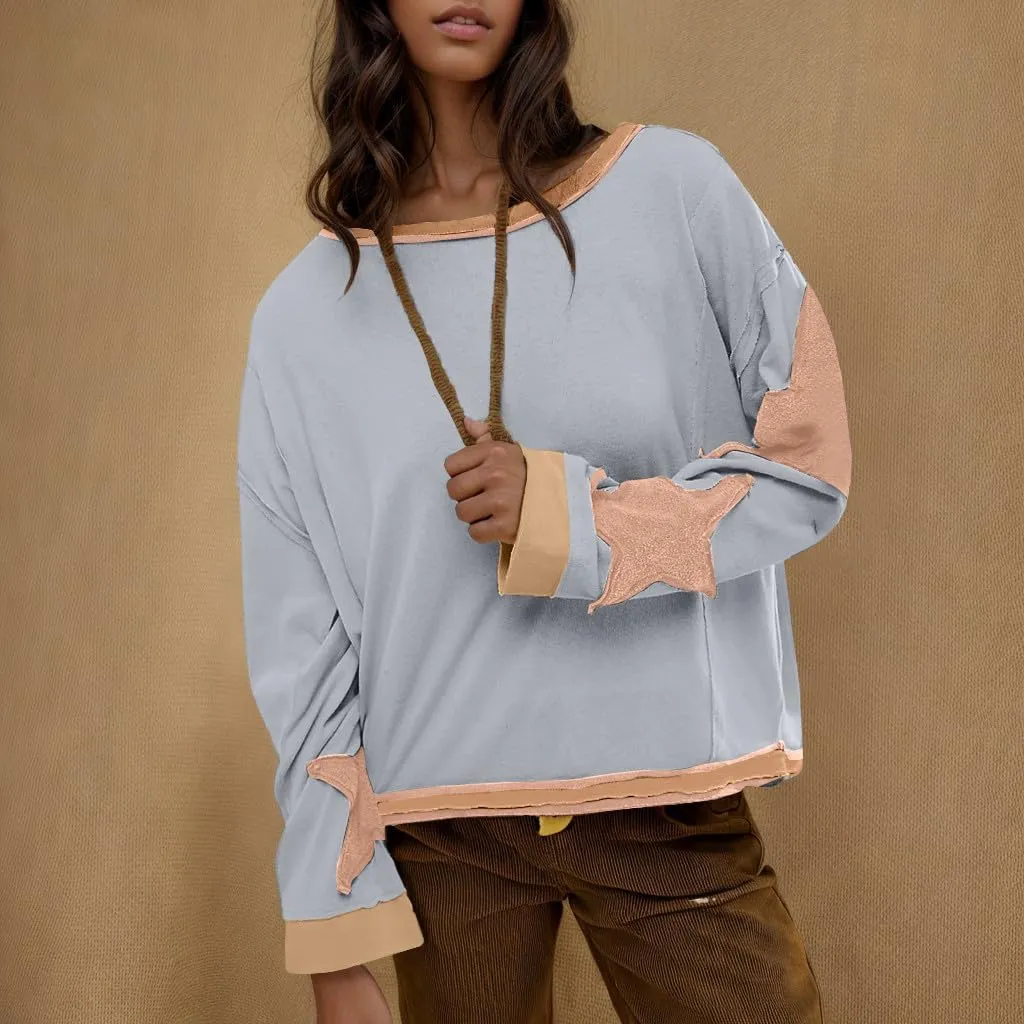 Womens Oversized Sweatshirts Fashion Y2k Tops Casual Crewneck Patchwork Pattern Pullover Shirt 2024 Streetwear