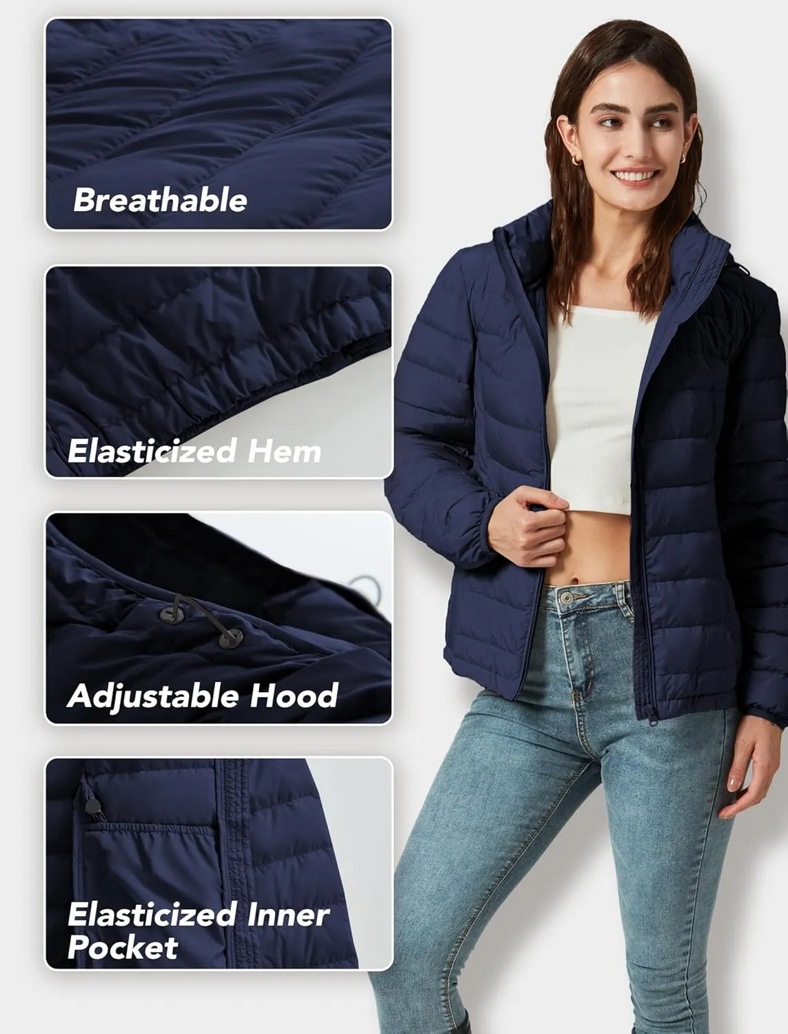 Women's Packable Puffer Jacket Hooded Lightweight Puffy Jackets Windproof Winter Coat
