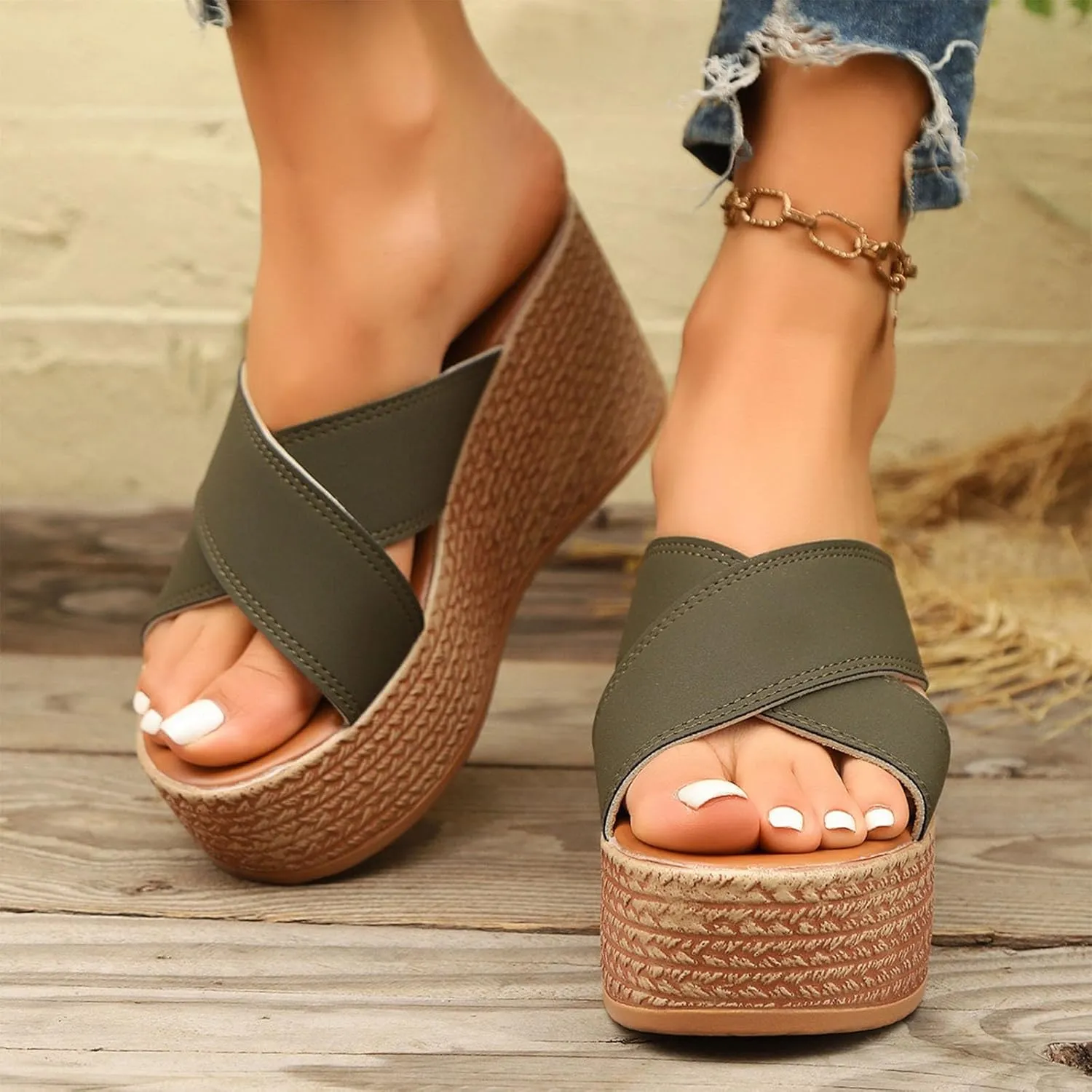 Womens Platform Slip On Sandals Cute Beach High Wedges Slides Bohemia Shoes Flatform Open Toe Summer Vacation Sandal