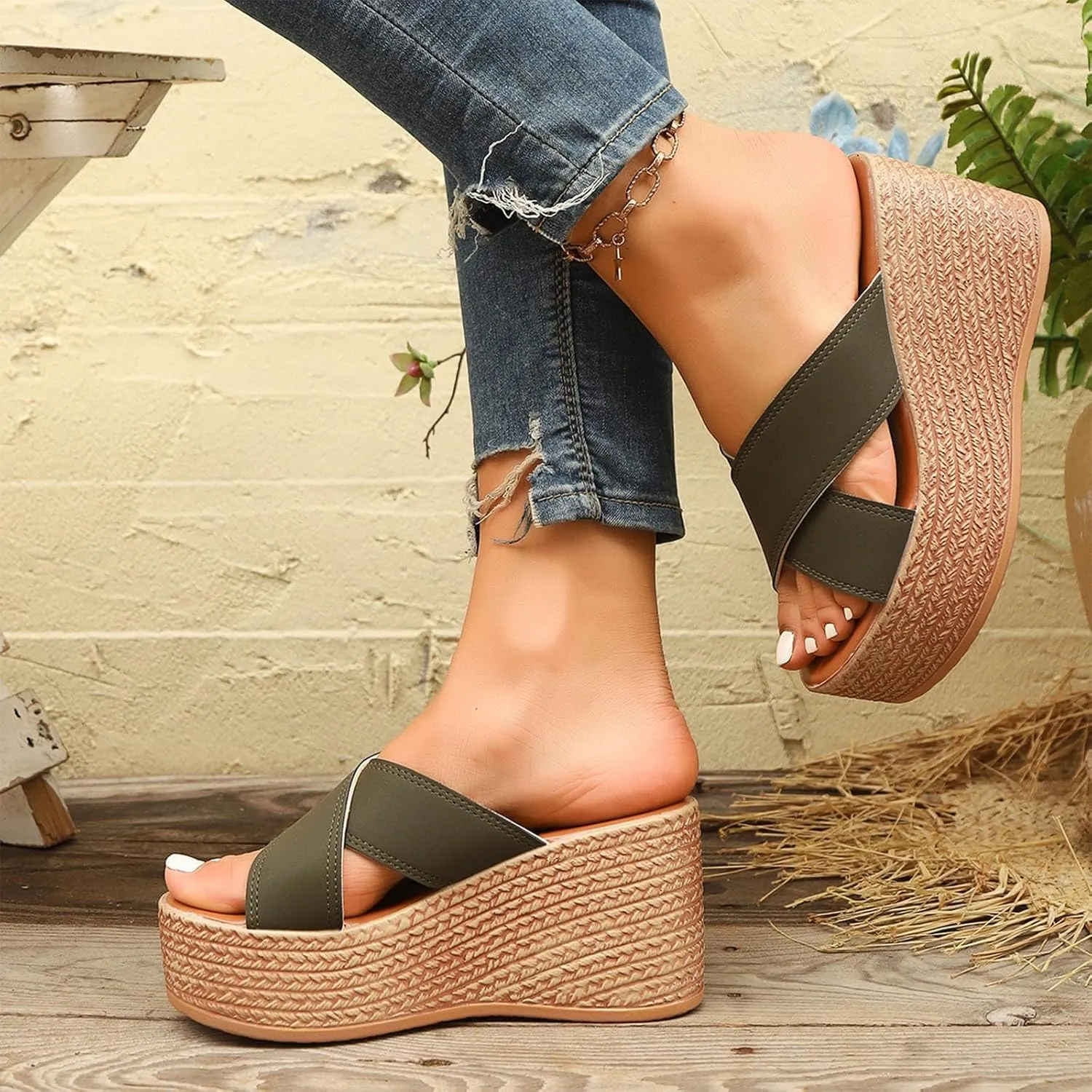 Womens Platform Slip On Sandals Cute Beach High Wedges Slides Bohemia Shoes Flatform Open Toe Summer Vacation Sandal