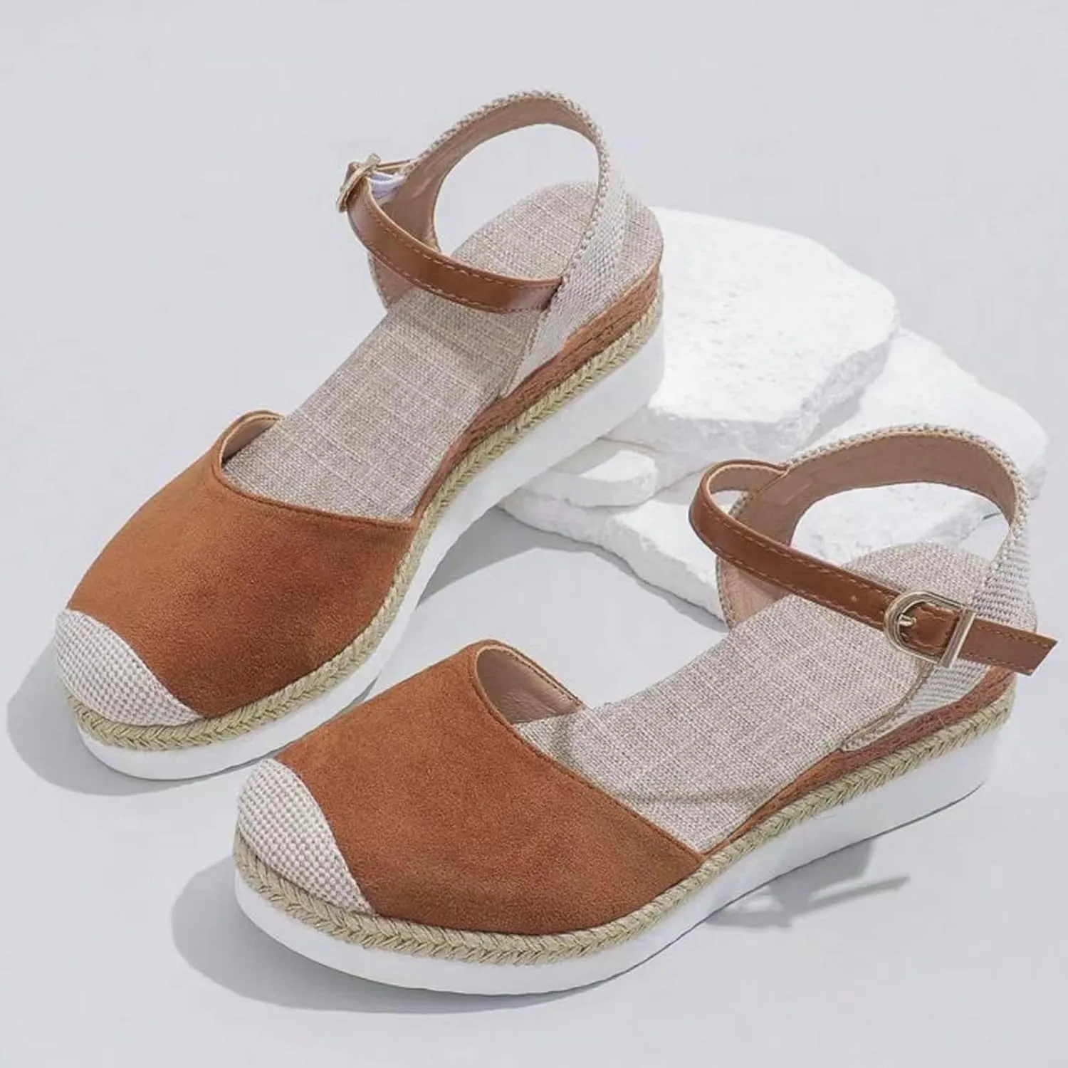 Women's Platform Wedge Sandals - Beige, Size US 6 - Wedge, Gladiator, Casual - Open Toe & Closed Toe - Ankle Strap - Waterproof - Casual Occasion