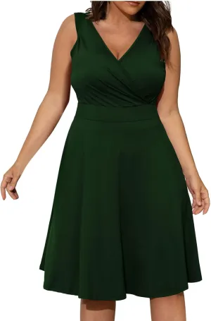 Womens Plus Size Casual Summer Dresses Sleeveless V Neck Midi Dress A Line Sundress Vacation Outfits with Pockets