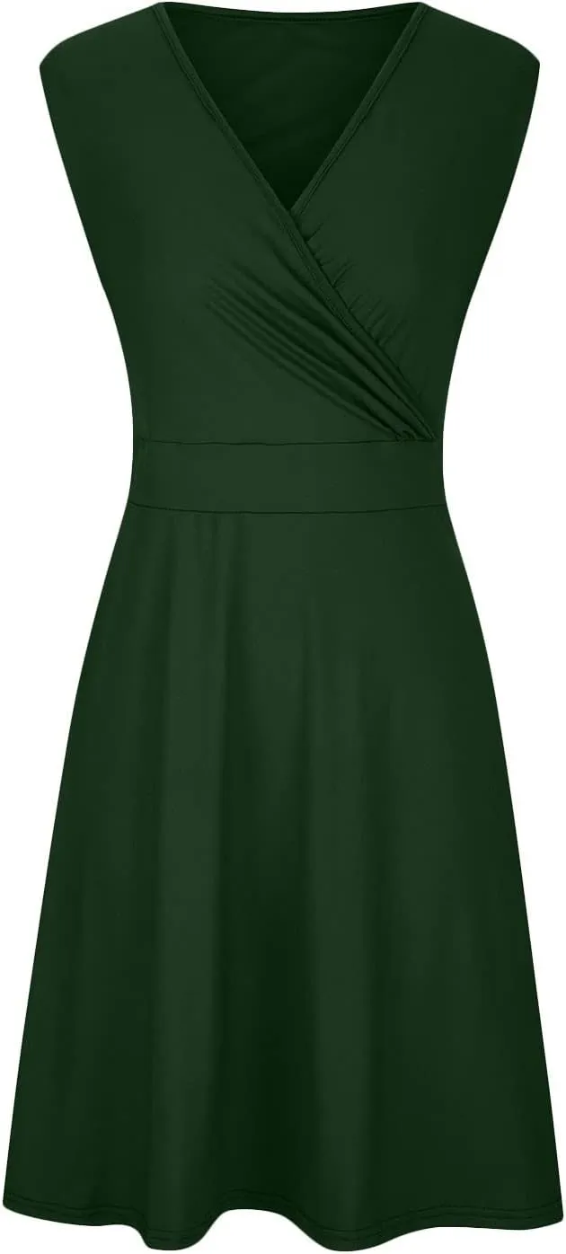 Womens Plus Size Casual Summer Dresses Sleeveless V Neck Midi Dress A Line Sundress Vacation Outfits with Pockets