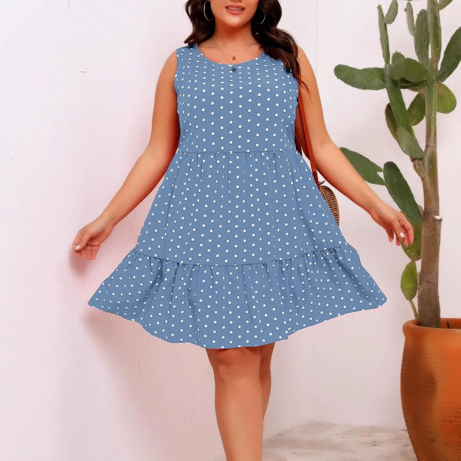 Womens Plus Size Tank Dresses Fashion Bohemian Polkadot Sleeveless Crewneck Swing Flowy Midi Dress Beach Sundress