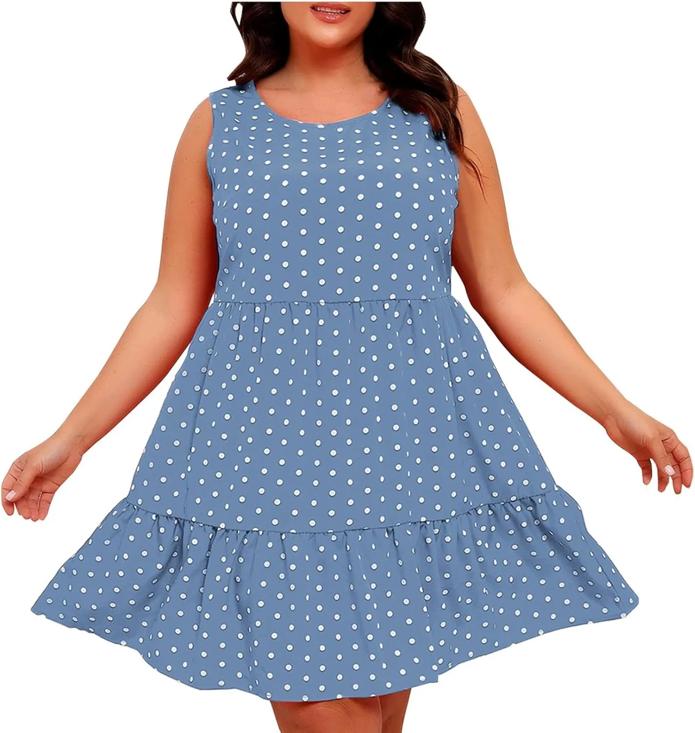 Womens Plus Size Tank Dresses Fashion Bohemian Polkadot Sleeveless Crewneck Swing Flowy Midi Dress Beach Sundress