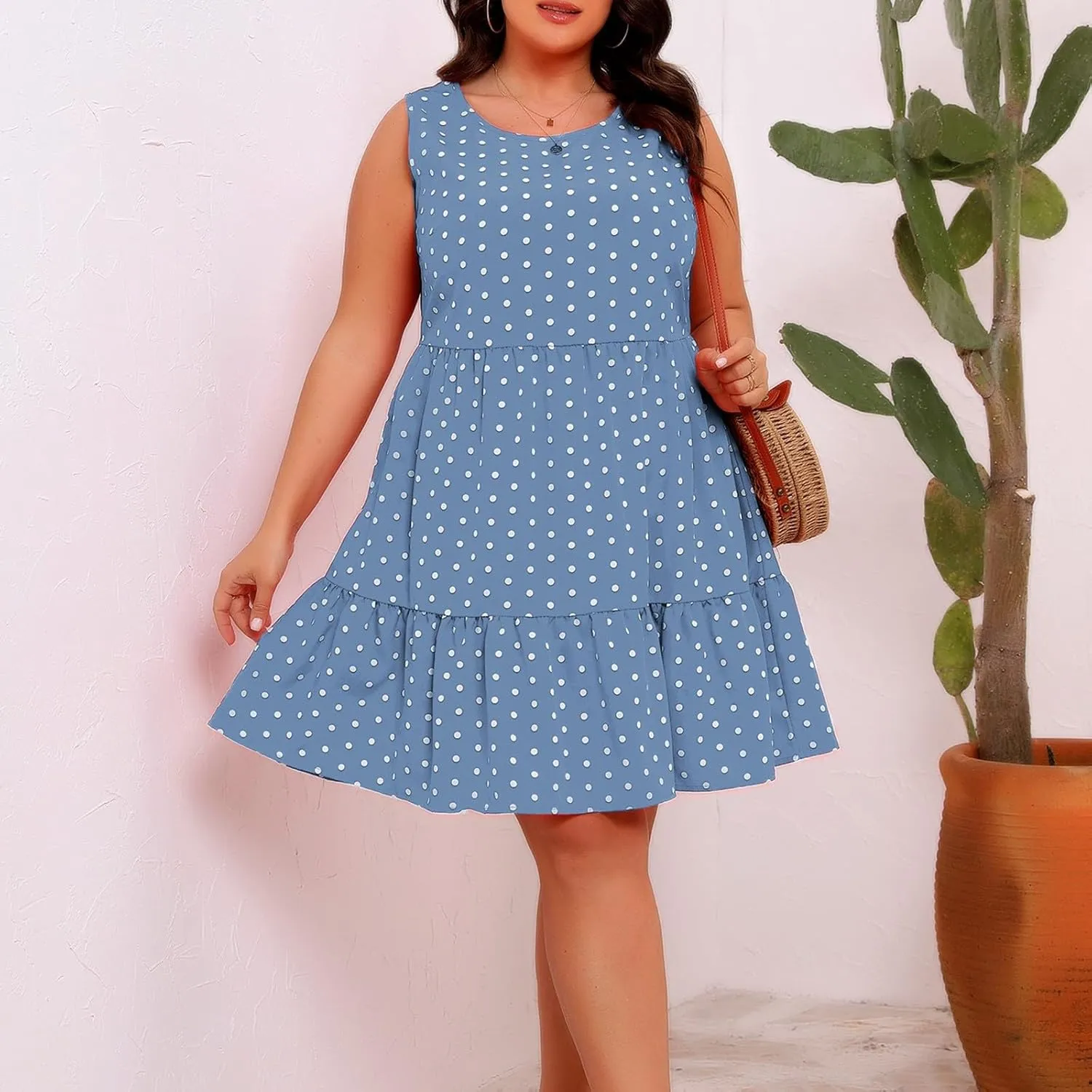 Womens Plus Size Tank Dresses Fashion Bohemian Polkadot Sleeveless Crewneck Swing Flowy Midi Dress Beach Sundress