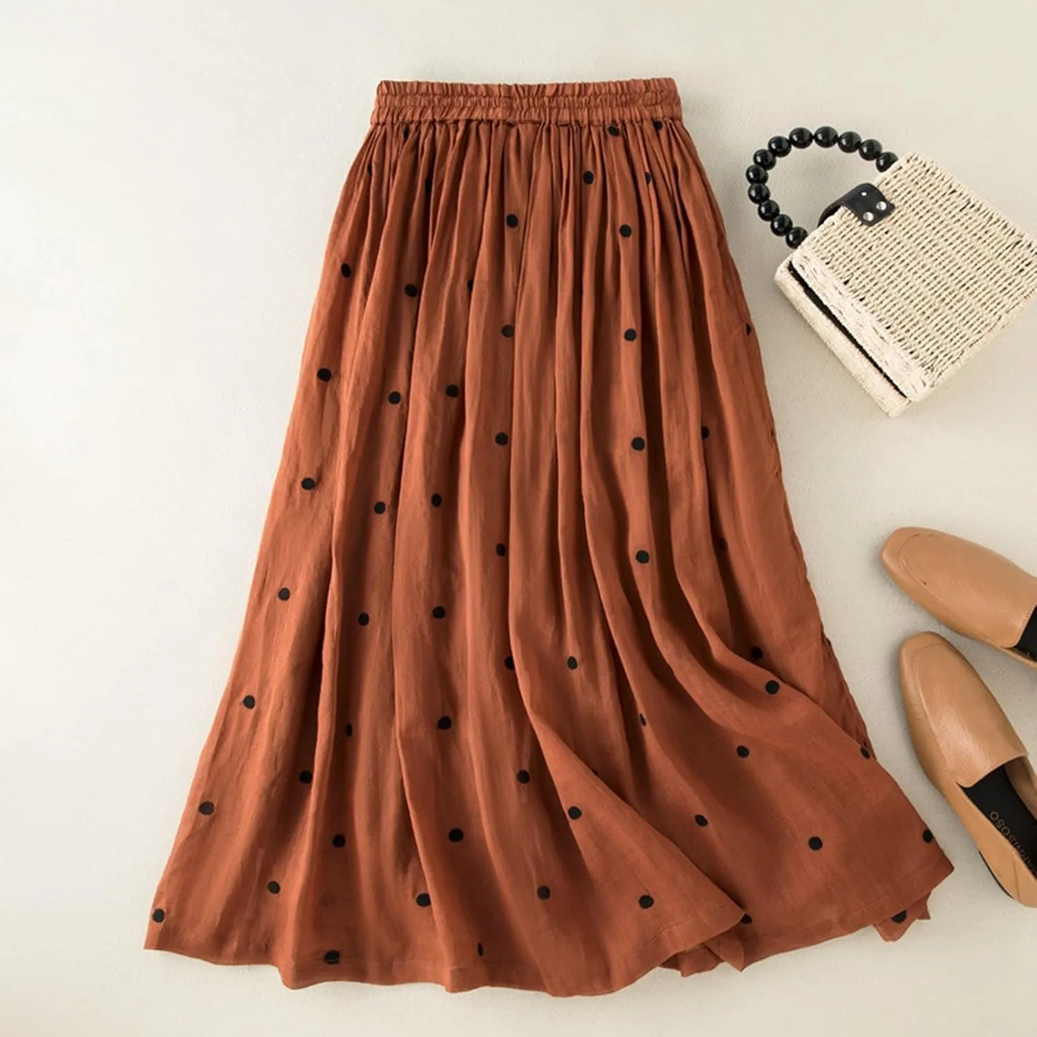 Women's Polka Dot A-Line Skirt Boho Swing Pleated Linen Hem Midi Skirt High Waist Elastic Casual Elegant Party Holiday Skirts