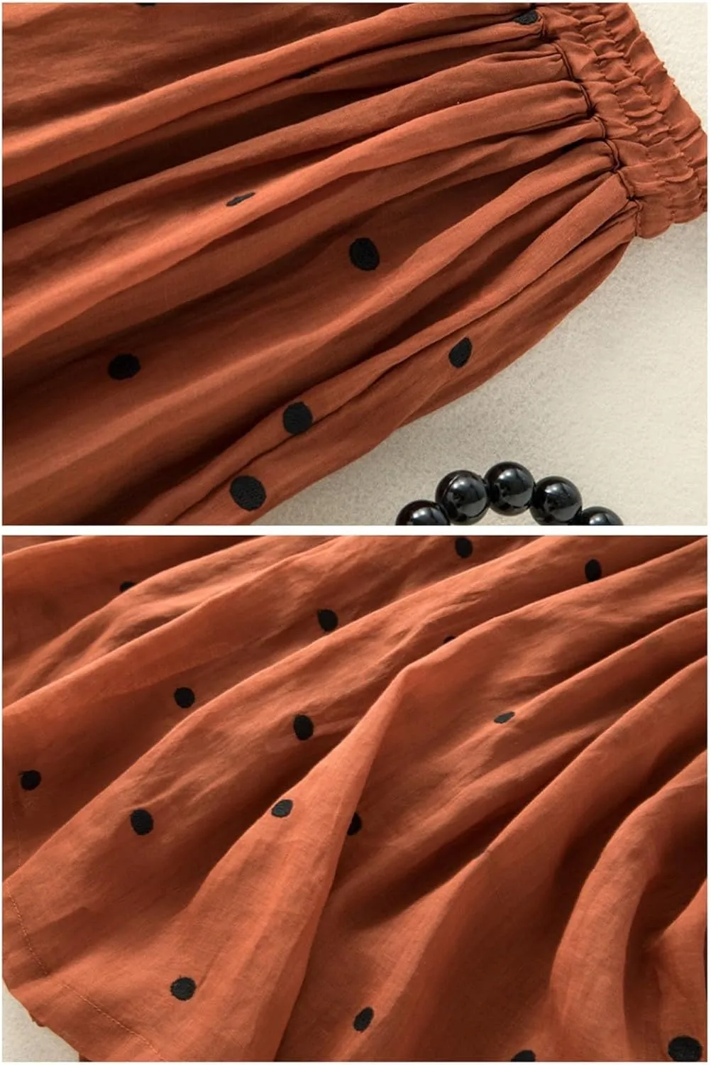 Women's Polka Dot A-Line Skirt Boho Swing Pleated Linen Hem Midi Skirt High Waist Elastic Casual Elegant Party Holiday Skirts