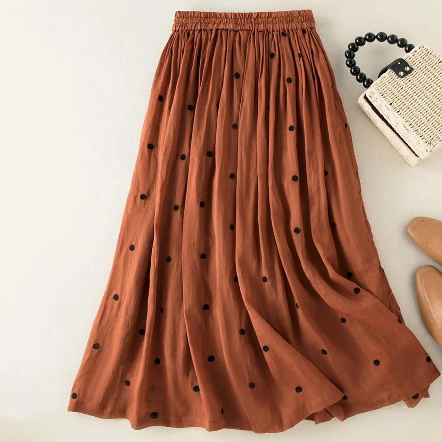 Women's Polka Dot A-Line Skirt Boho Swing Pleated Linen Hem Midi Skirt High Waist Elastic Casual Elegant Party Holiday Skirts