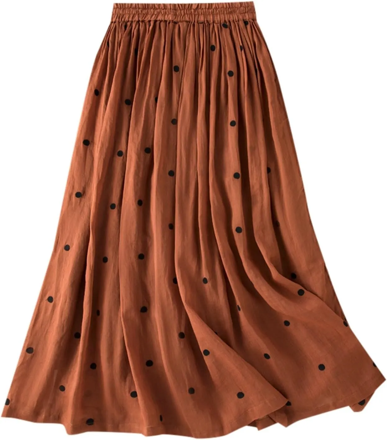 Women's Polka Dot A-Line Skirt Boho Swing Pleated Linen Hem Midi Skirt High Waist Elastic Casual Elegant Party Holiday Skirts