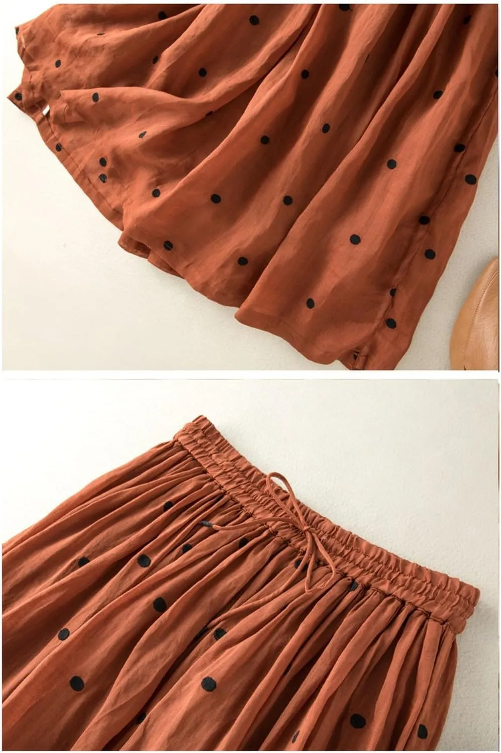 Women's Polka Dot A-Line Skirt Boho Swing Pleated Linen Hem Midi Skirt High Waist Elastic Casual Elegant Party Holiday Skirts