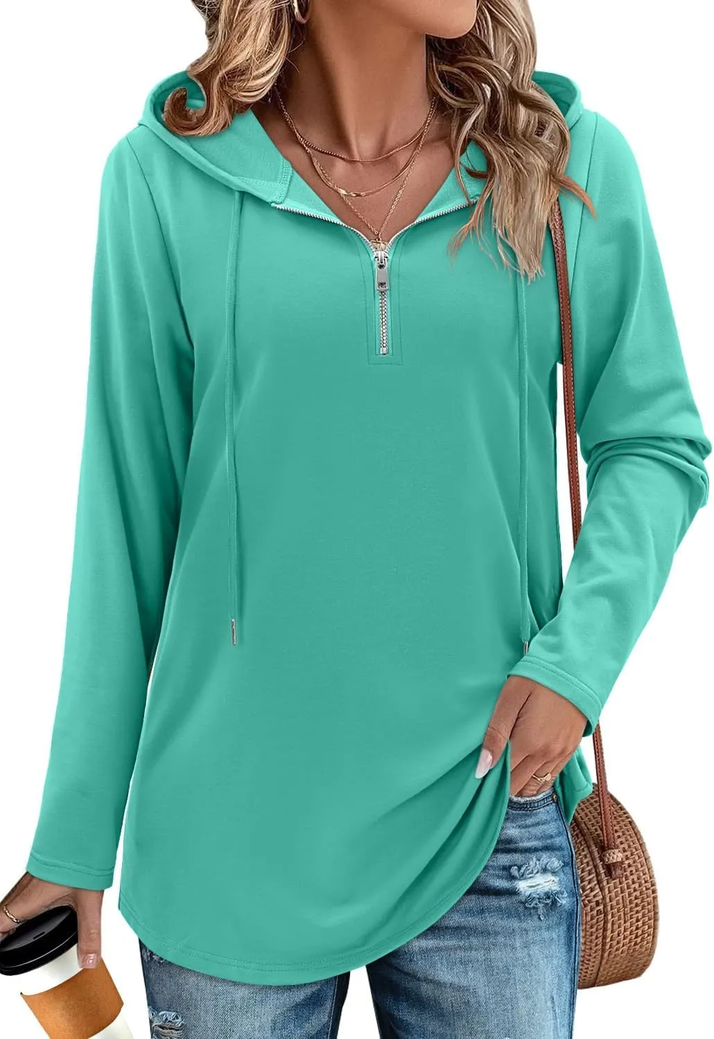 Women's Quarter Zip Tunic Hoodies Pullover Long Hooded Sweatshirts Long Sleeve Tops