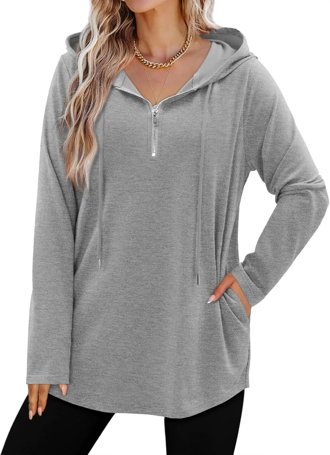 Women's Quarter Zip Tunic Hoodies Pullover Long Hooded Sweatshirts Long Sleeve Tops